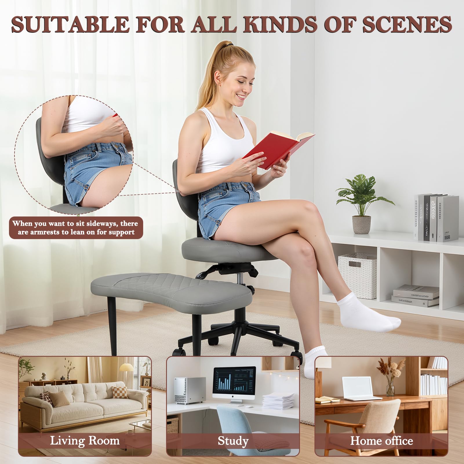 Silla de oficina ergonómica con patas cruzadas, silla de escritorio giratoria de 360° con reposapiés, silla de meditación de altura ajustable, asiento de piel sintética, silla multiposición