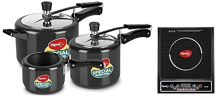 Pigeon by Stovekraft Aluminium Hard Anodized Pressure Cooker Combo with Induction Base Inner Lid - 2 L, 3 L, 5 L- 14455 (Silver) & Pigeon by Stovekraft Cruise 1800 watt Induction Cooktop (Black)