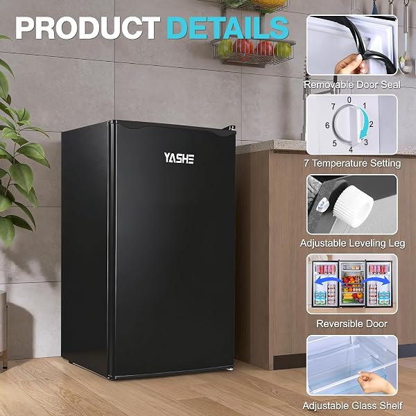 YASHE 92L Mini Fridge with Freezer, Single Door Compact Refrigerator, Small Fridge with Adjustable Thermostat, Large Capacity, Reversible Door, Mini Refrigerator for Bedrooms, Offices, Dorms - 3