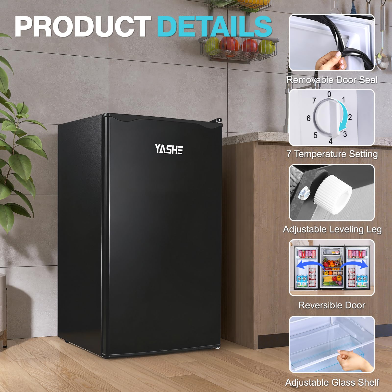 YASHE 92L Mini Fridge with Freezer, Single Door Compact Refrigerator, Small Fridge with Adjustable Thermostat, Large Capacity, Reversible Door, Mini Refrigerator for Bedrooms, Offices, Dorms — view 3