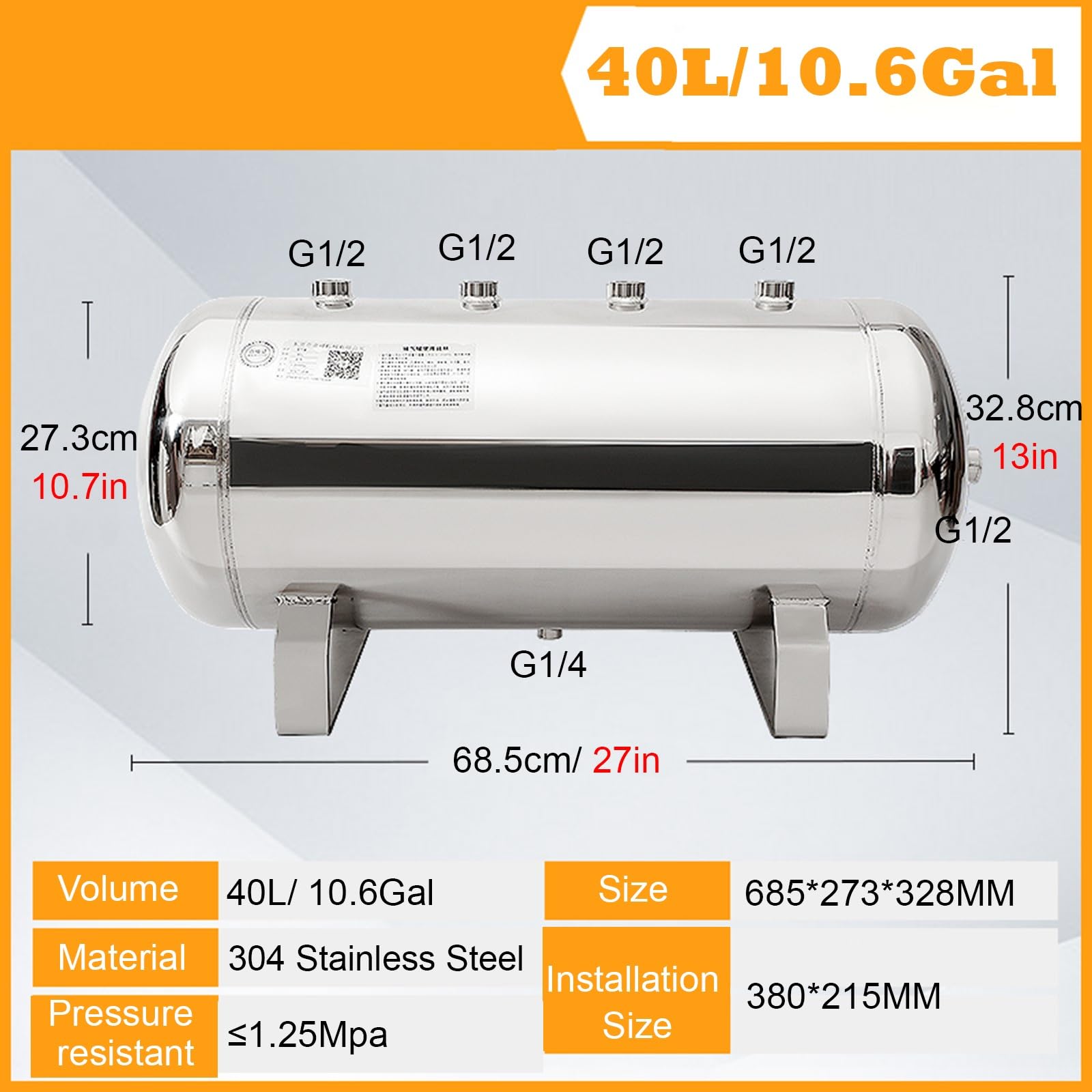 serbatoio aria Serbatoio d'aria professionale in acciaio inossidabile, Contenitori industriali ad alta pressione per lo stoccaggio di gas, per fabbriche/laboratori(40L/10.6Gal)