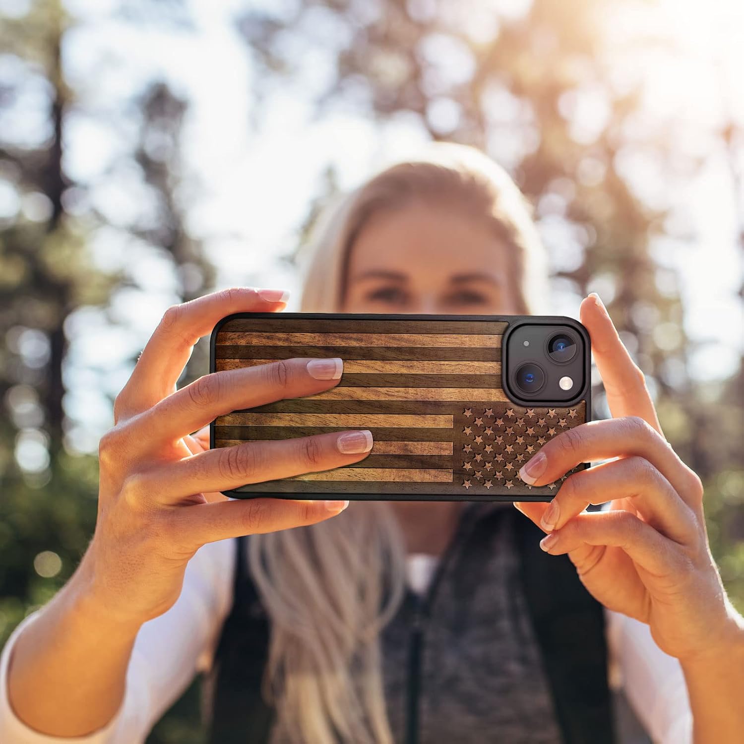 Carveit Magnetic Wood Case for iPhone 14 Plus - Natural Walnut & Black Soft TPU - Shockproof Protective Cover - Unique & Classy Wooden Case - Compatible with MagSafe (American Flag)