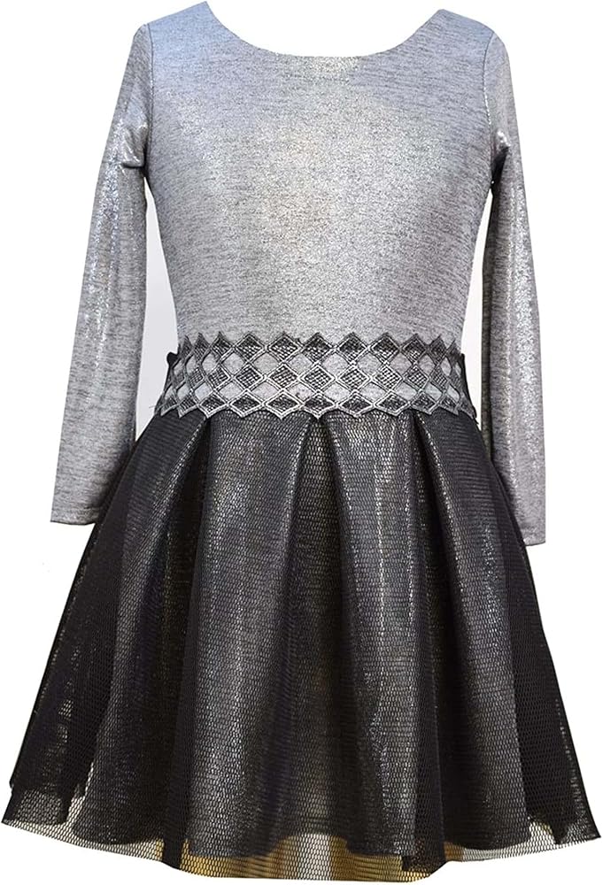 Amazon.com: Bonnie Jean Long Sleeve Foil Knit to Texture Mesh Drop Waist  Dress (7, Silver): Clothing, Shoes & Jewelry