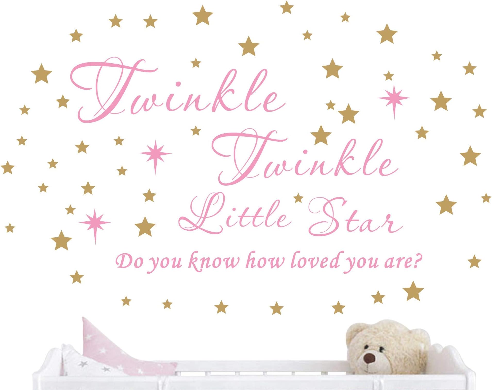 Twinkle Twinkle Little Star Wall Decal Vinyl Quote Sticker Do You Know How Loved You Are Nursery Decor For Kids Girls Bedroom Decoration Home Room Stars Art Design YMX23 (Soft Pink & Gold, 65x42cm)