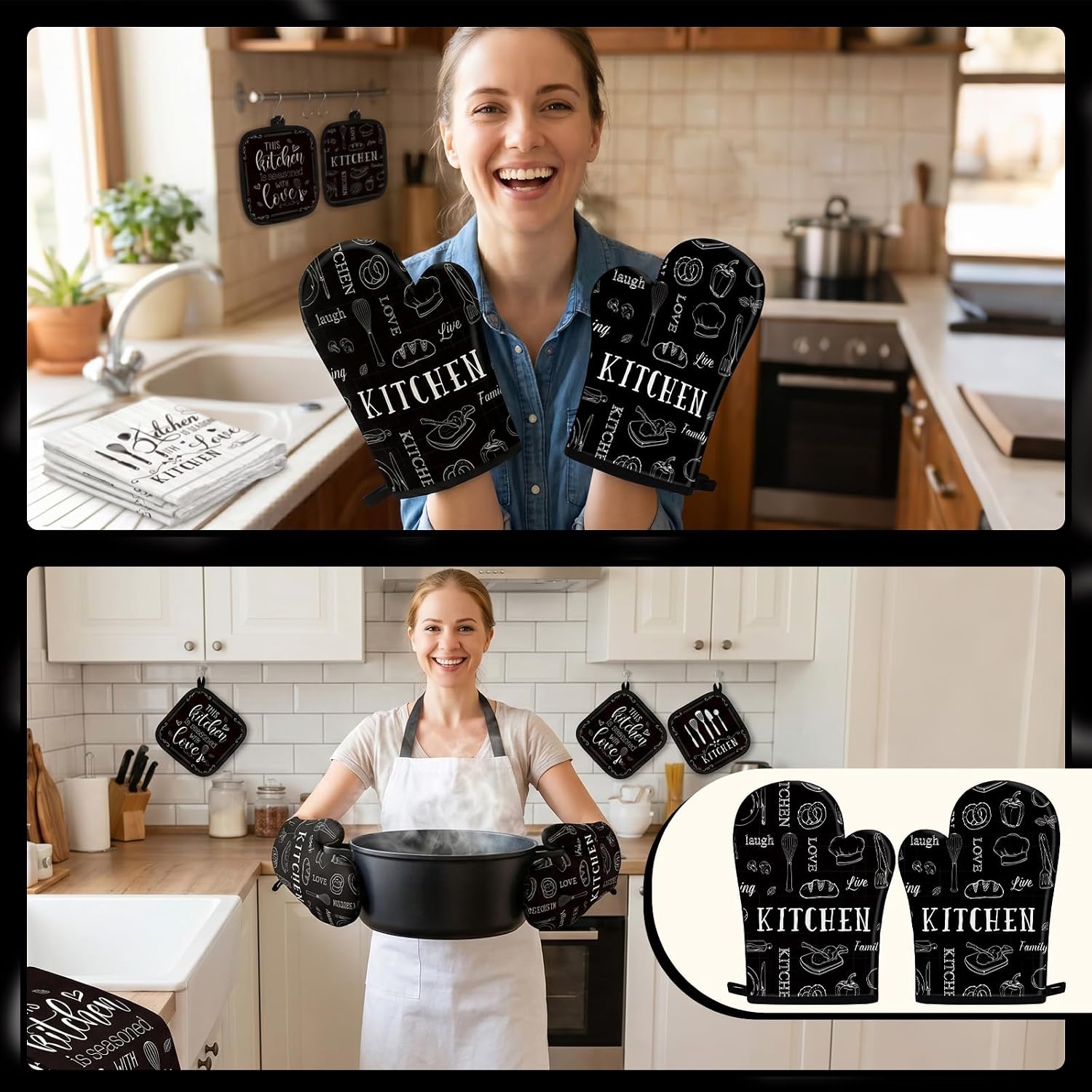 Farmhouse Kitchen Decor Set, 8 PCS Oven Mitts Pot Holders and Hand Towels Accessories, Vintage Black and White Home Decorations Gift for Cooking Baking