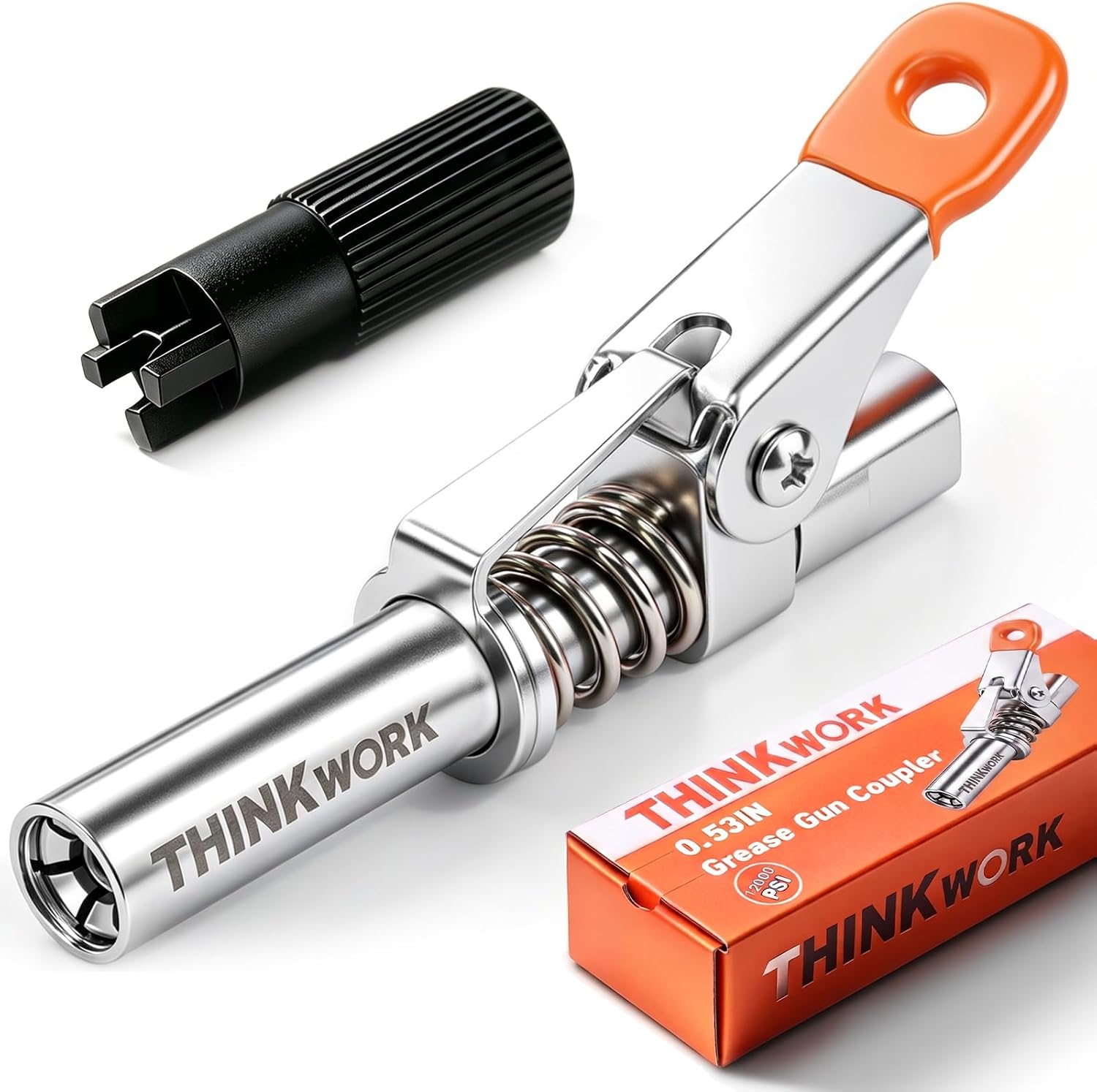 THINKWORK Grease Gun Coupler, Upgraded Leak-Free Grease Gun Tips with Non-Slip Handle, 6-Jaw Lock-On High Pressure Quick Release Grease Fittings, 0.53" Diameter for Narrow Spaces, Fits All Grease Guns