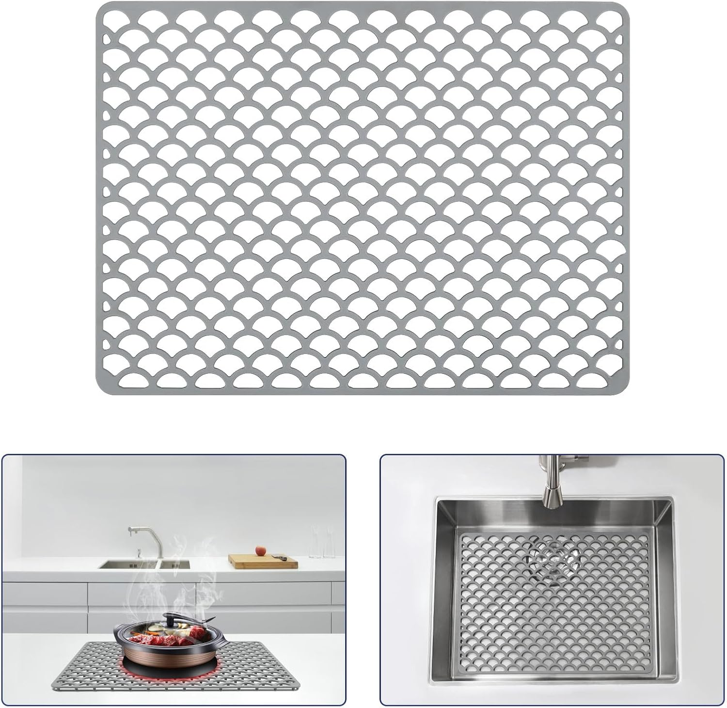 Silicone Sink Protector - 28"x15" Rear Drain Hole, Heat Resistant Non-slip Dishwasher Suitable, Large Sink Mat for Farmhouse Kitchen