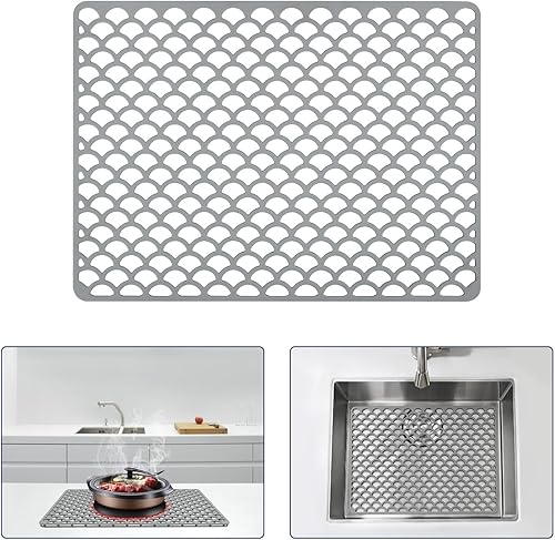Miniatura 7 de Protector de fregadero de silicona, agujero de drenaje trasero de 28 x 15 pulgadas, resistente al calor, antideslizante, apto para lavavajillas,