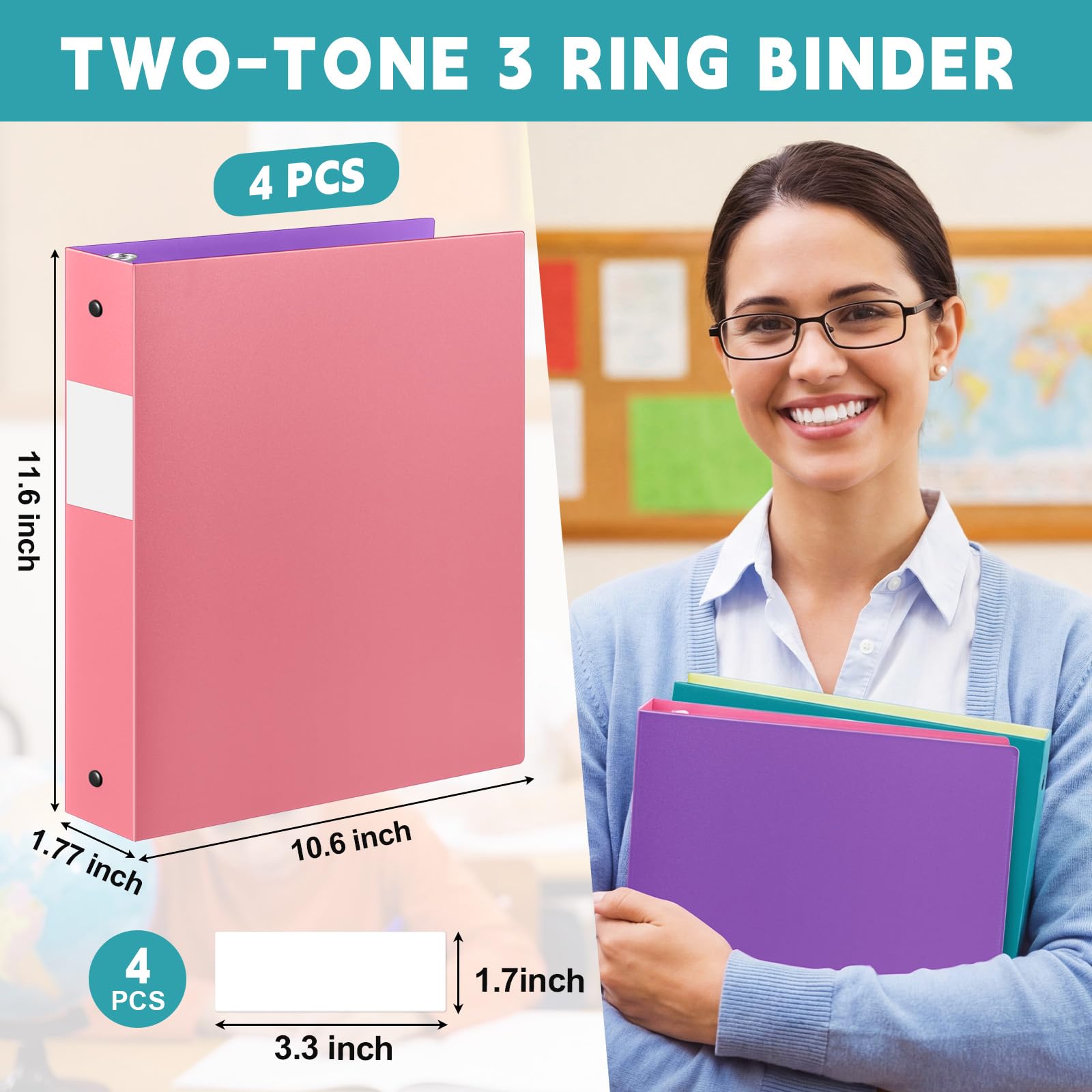 Henoyso Confezione da 4 raccoglitori a 3 anelli bicolore con 4 tasche interne, resistenti per scuola e ufficio, rosa, verde acqua, viola e lime (copertina basice)