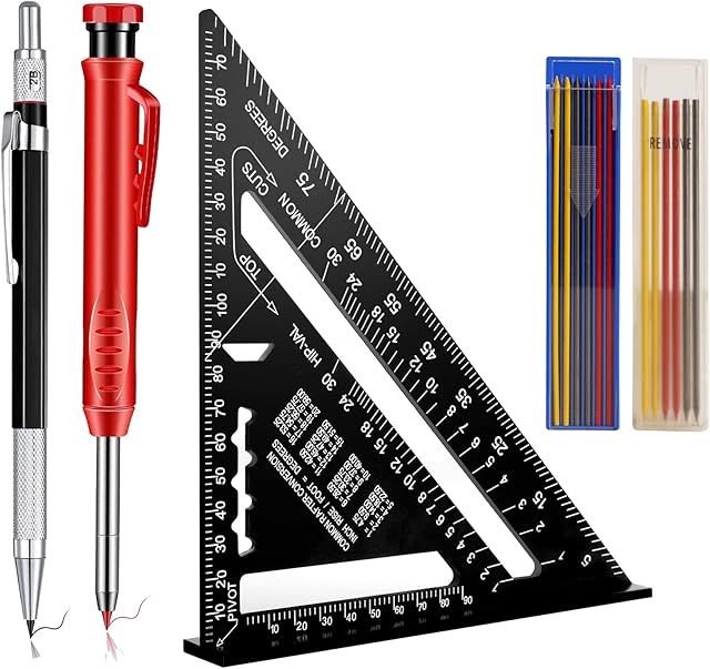 Speed Square Metric 7 inch Aluminum Alloy Carpenters Roofing Square Black Triangle Ruler Set with 2 PCS Solid Mechanical Carpenters and 18 Refills, Rafter Square for Woodworking, Builder, Engineers