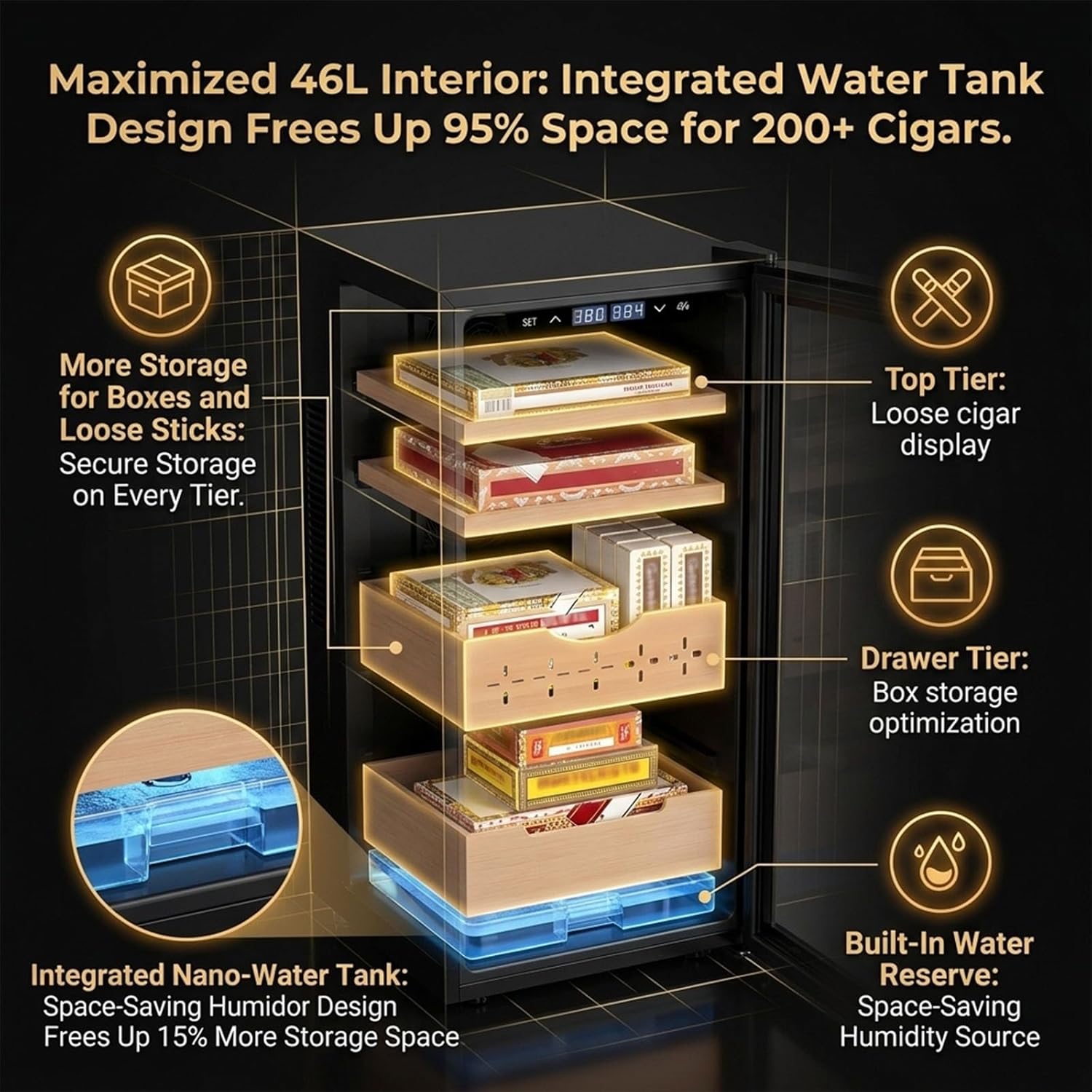 Electric Cigar Humidor 46 Litre 200 Count PTC Thermal Compensation, Luxury Corporate Gift For Clients Executives Business Gift, Sophisticated Smoking Room Decor Box