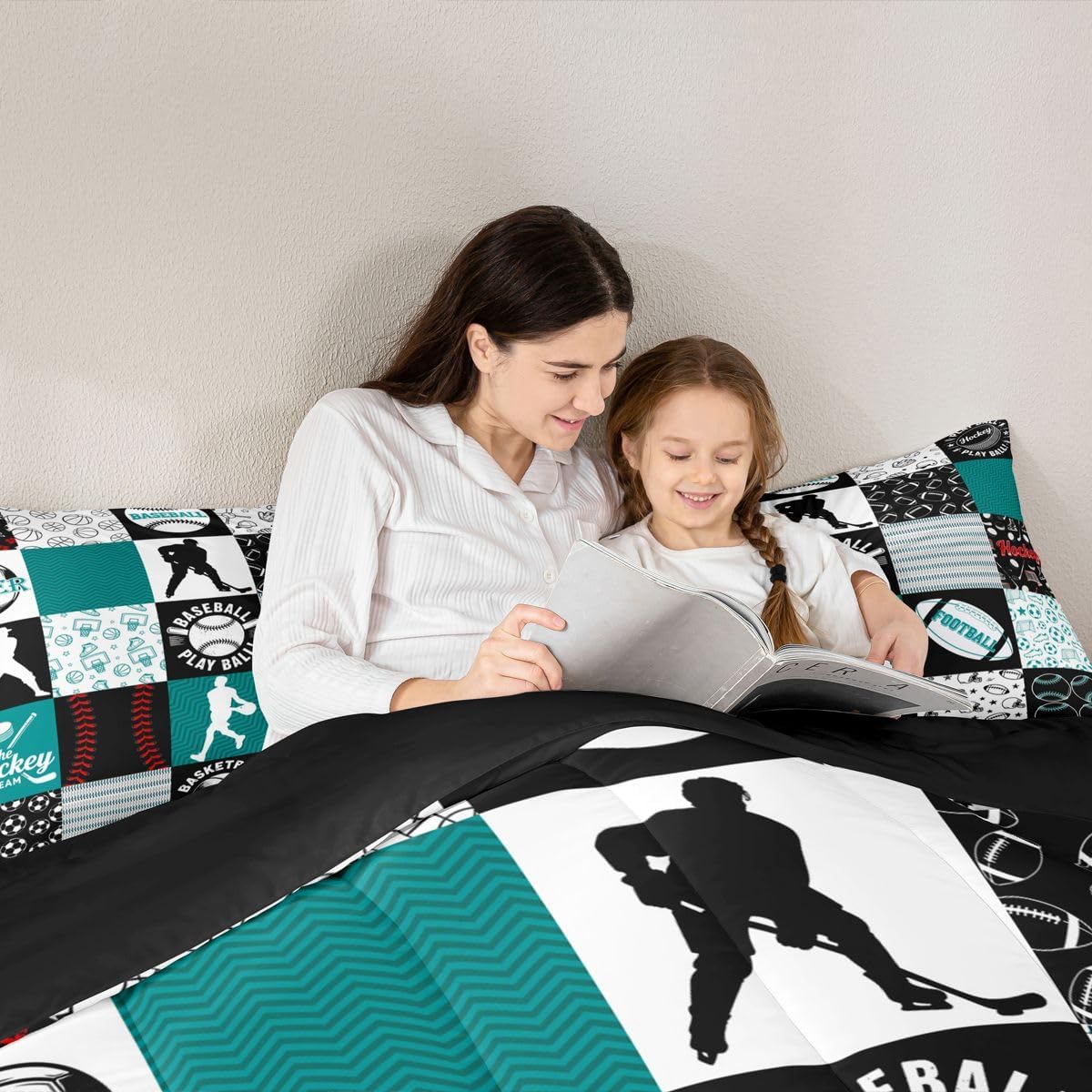 Feelyou Football Baseball Soccer Comforter Set Twin Size Boys Sports Bedding Set for Kids Teens Sports Lover Gift Duvet Quilt Basketball Ice Hockey Bedroom Decor Teal Microfiber with 1 Pillow Cases