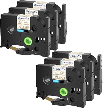 USUPERINK 6 Pack TZe-M34 12mm 0.47 Laminated Tape Compatible with Brother P Touch Label Tape 1/2 inch TZe TZ-M34 TZeM34 Gold on Matte Clear TZe TZ Label for PT-H100 PT-H110 D200 D210 D400 D600