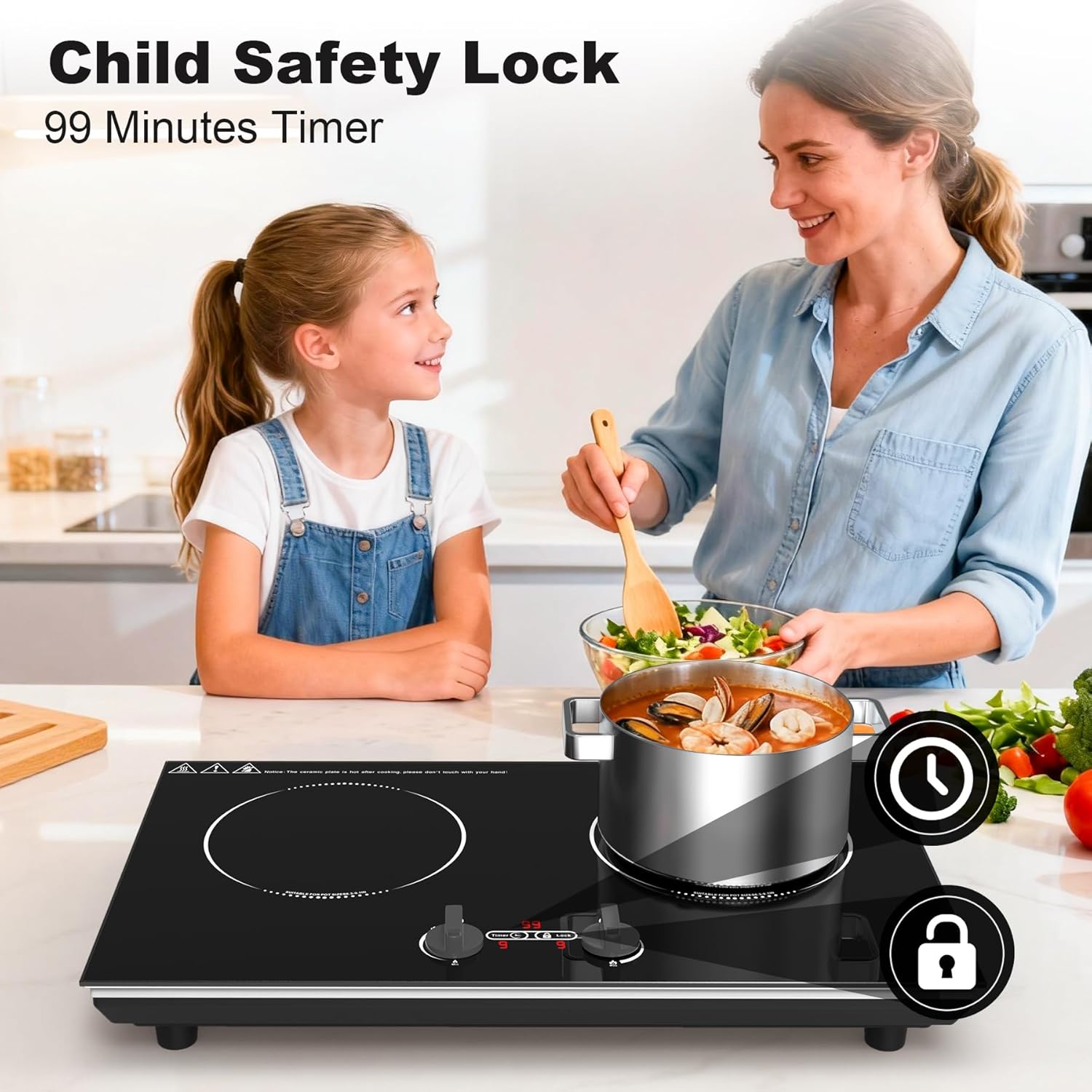 VBGK Induction Cooktop,110V 4000W Countertop burners with Knob Control,9 Power Levels, Kids Lock & Timer,LED touch control,Overheat Protection Electric stove,2 burner induction cooktop