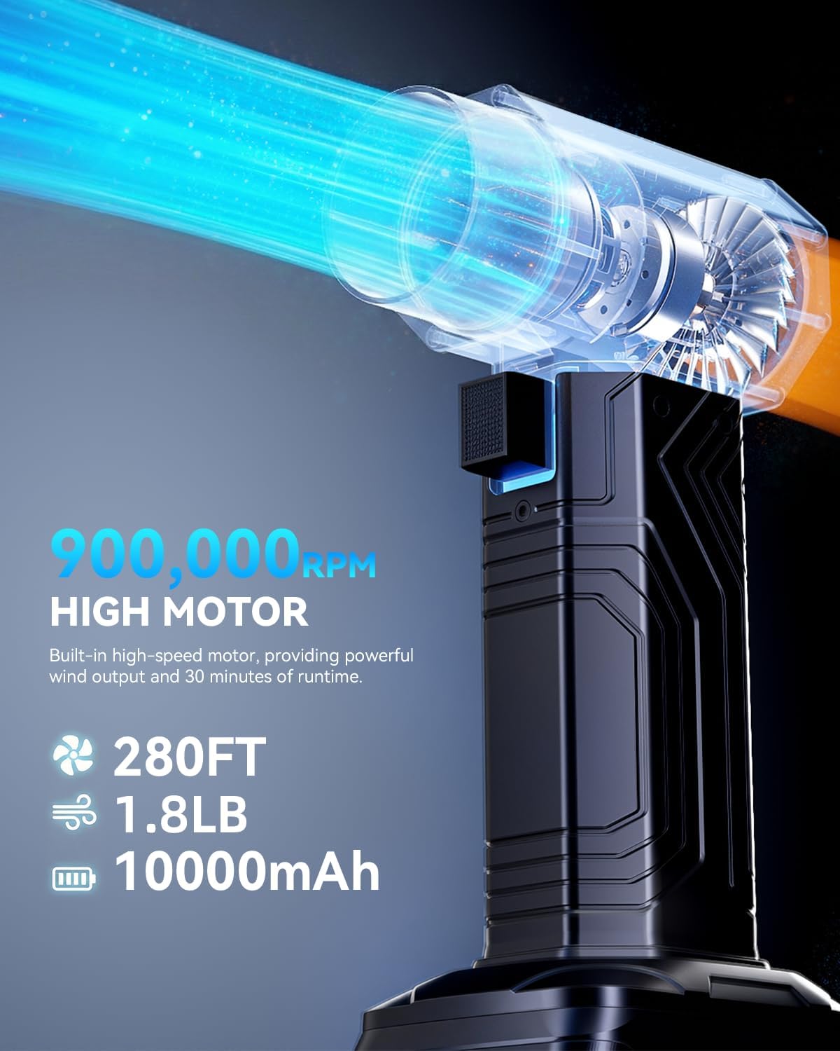 Cordless Jet Fan - 1.8 lbs Max Thrust Turbo Powered Air Duster,10,000mAh Rechargeable Battery, Portable Handheld Power Blower for Woodworking Sawdust,Car Detailing & Light Snow（Black）