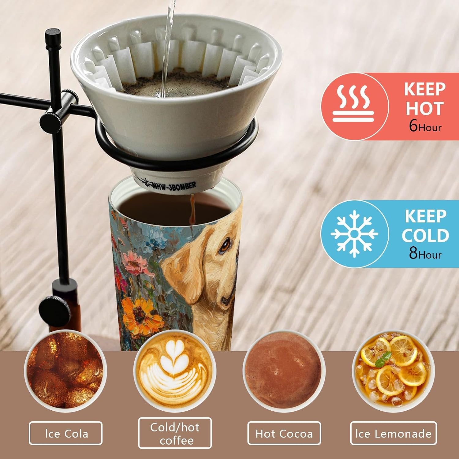 Labrador Garden Vintage Insulated Coffee Mug with Straw & Flip Lid, 16.9oz Iced Tumbler Cup, Double Wall Vacuum Leak-Proof Mug for Travel Office