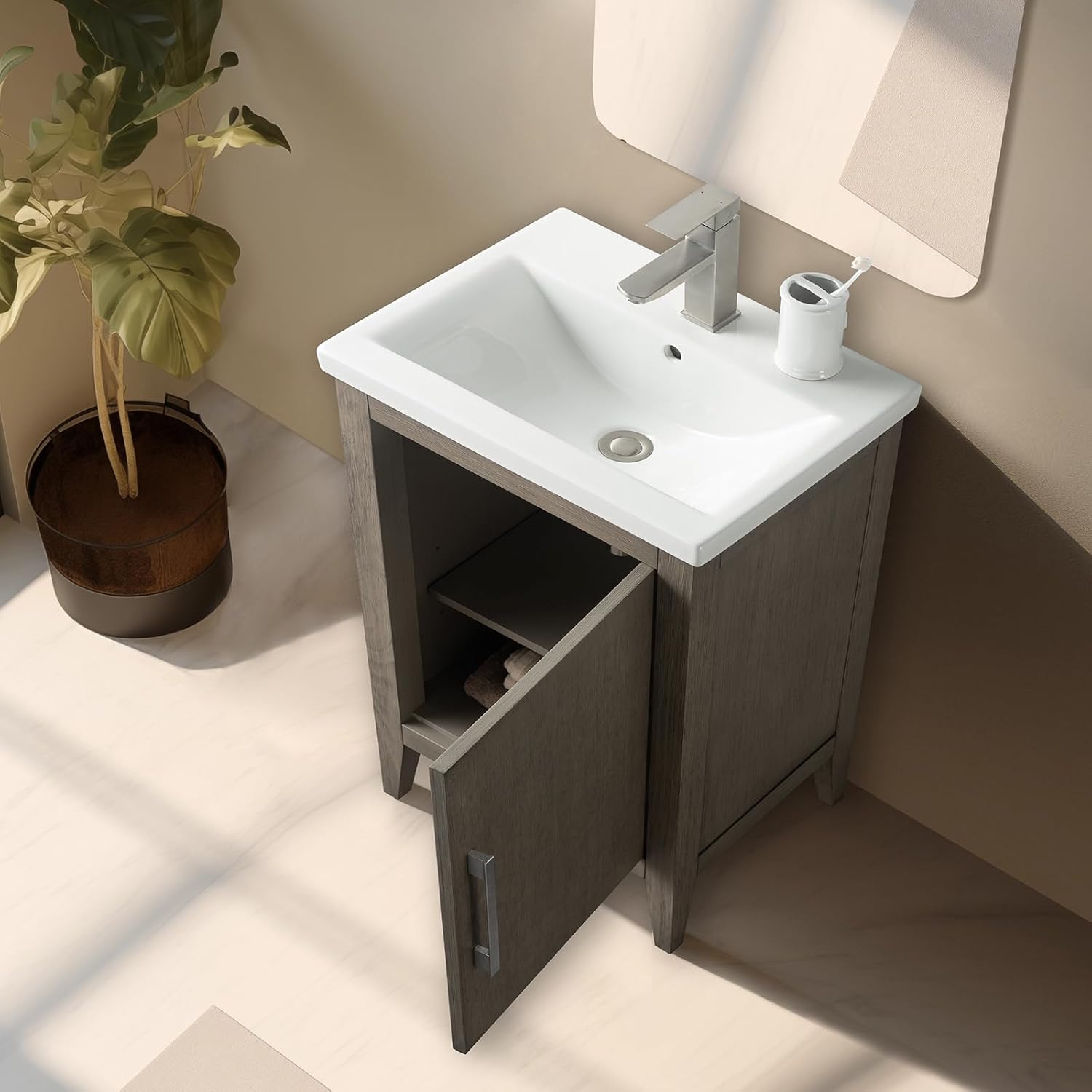 Vanity Art 20 inch Bathroom Vanity with Single Sink & Ceramic Top, Vanity Cabinet with Soft-Closing Doors, Solid Wood Frame, Driftwood Gray, VA9020-DG-GB1