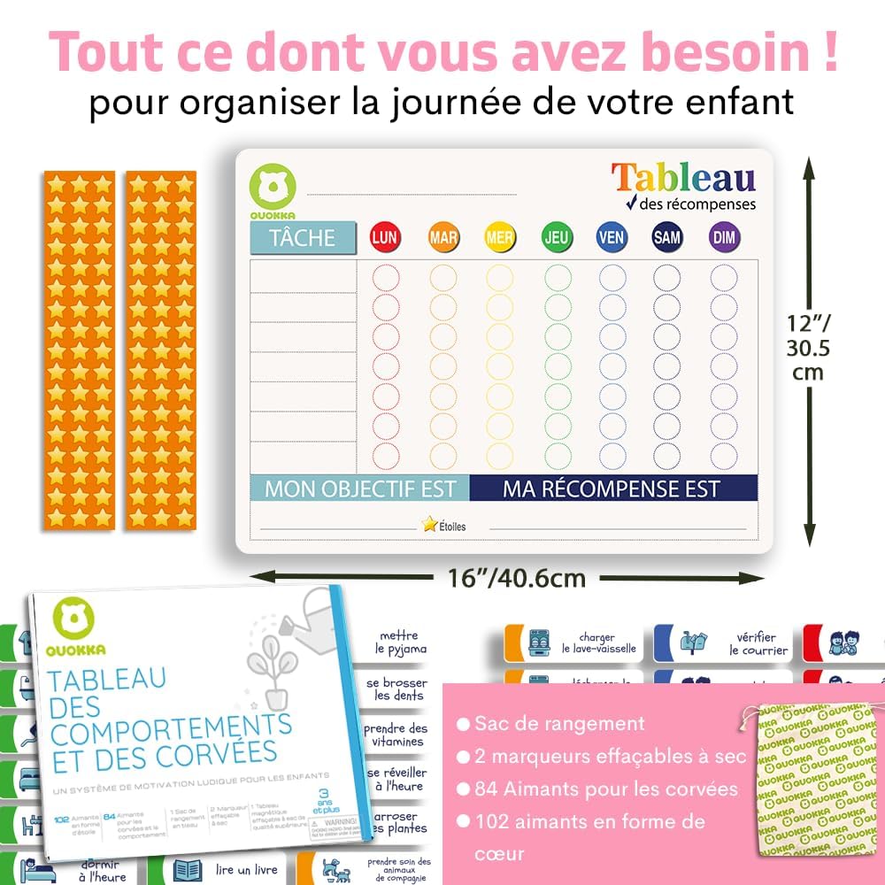 QUOKKA Tableau Magnétique pour Enfants - 40,6x30,5 cm Planificateur Visuel Récompenses - Ardoise Comportement Enfants 84 Aimants 102 Étoiles - Routine Responsabilité - Version Française