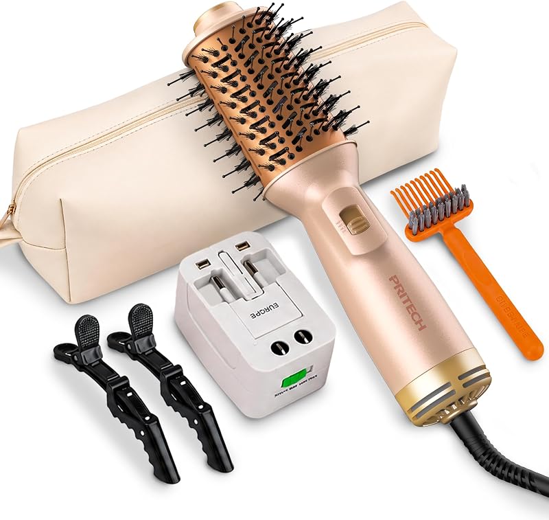 Auto Dual Voltage Hair Dryer Brush for Travel,Ionic Hair Styler | 110-240V Mini Hot Air Brush,Blow Dryer Brush in one,Volumizer Straightener Curler,Compact Lightweight Portable,Champagne Gold
