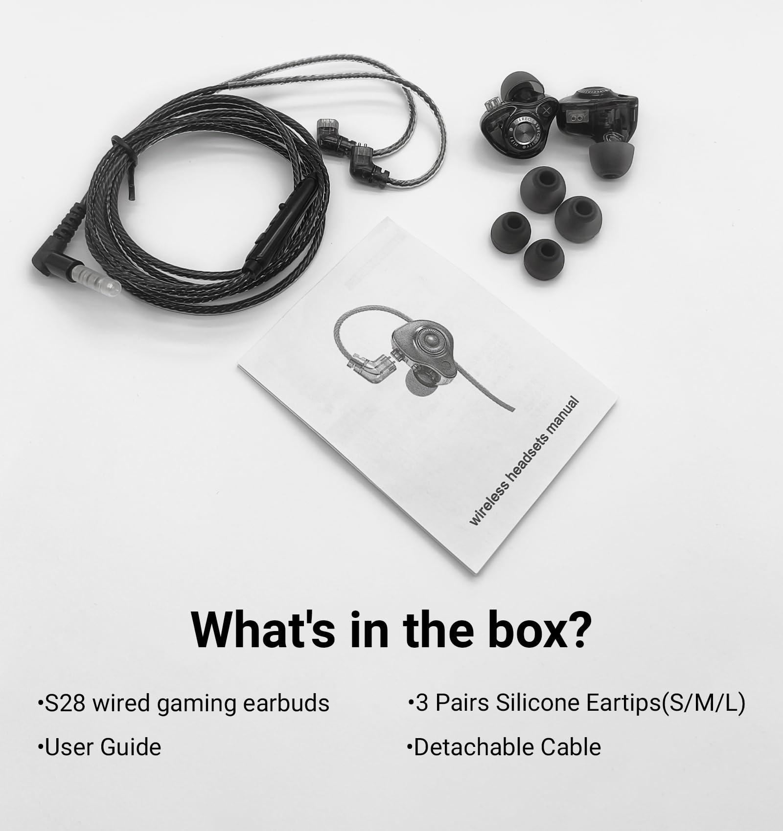 Auricolari IEM cablati, cuffie da gioco S28 con driver dinamico da 10 mm per bassi profondi e suono ad alta risoluzione cristallino, monitor in-ear con cavo staccabile per giochi, musicisti