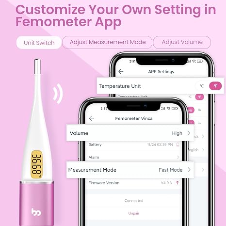 Basal Thermometer for Ovulation, Fertility Monitor & Period Tracker with LED Screen for NFP, Trying to Conceive, Intelligent BBT Thermometer with femometer APP(iOS & Android) - Vinca 2.0