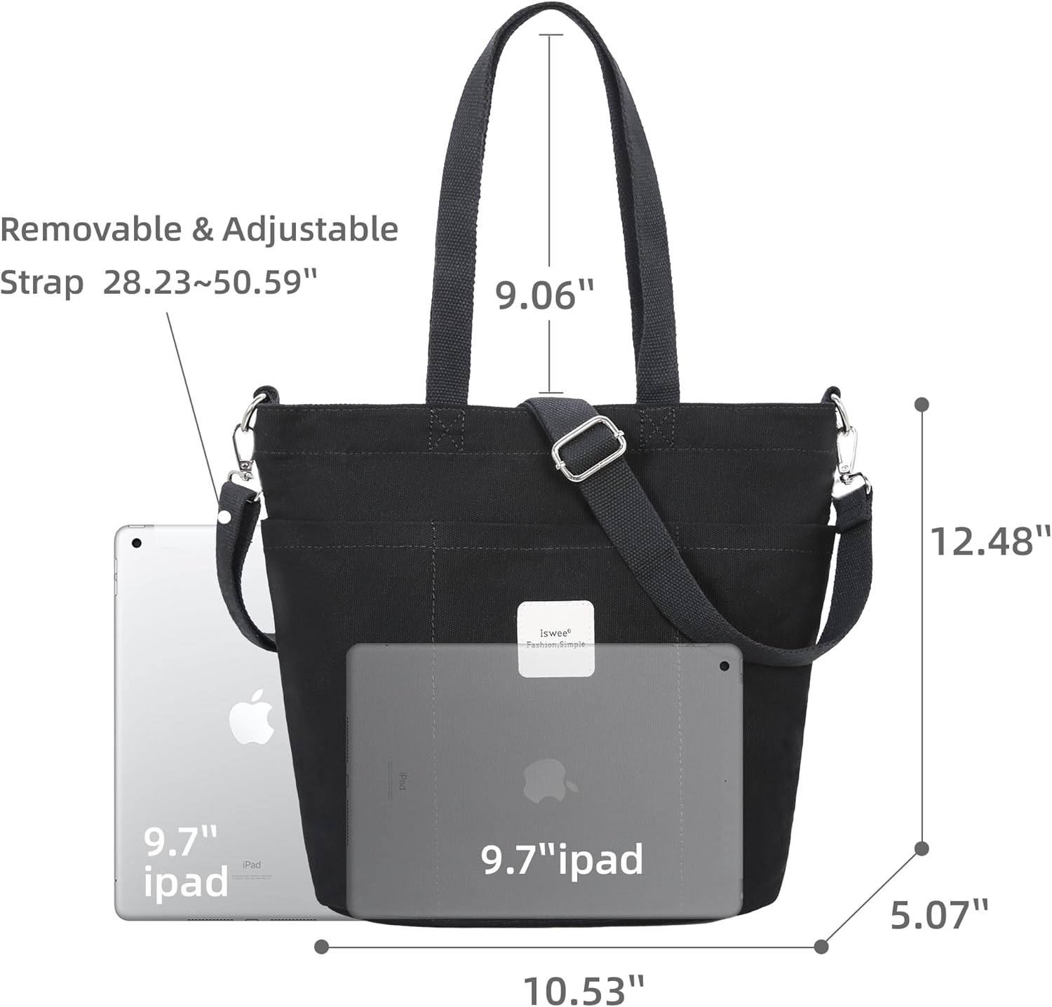 Iswee Canvas Tote Bag with Zipper Multi Pockets Tote Purse for Women Fashion Crossbody Tote Shoulder Bag Handbag Everyday Bag - Image 5