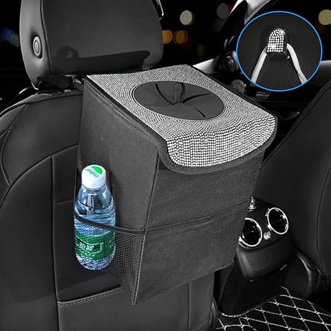 Car Trash Can with Lid,Sparkling Rhinestones Car Garbage Can with 1 Pcs Bling Car Mini Hook,Leak-Proof Vehicle Organizer Multipurpose and Collapsible Waterproof Trash Bin,Silver