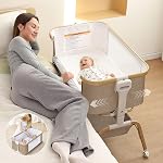 Baby Bassinet, Dortoir Rocking Bedside, Détachable & Basset portable avec 8-Level Hauteur, Mesh respirable, Panier de rangement & Jouet mobile rotatif pour nouveau-nés (Khaki)
