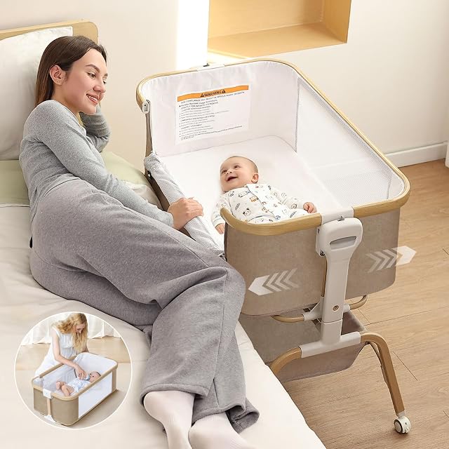 Baby Bassinet, Dortoir Rocking Bedside, Détachable & Basset portable avec 8-Level Hauteur, Mesh respirable, Panier de rangement & Jouet mobile rotatif pour nouveau-nés (Khaki)