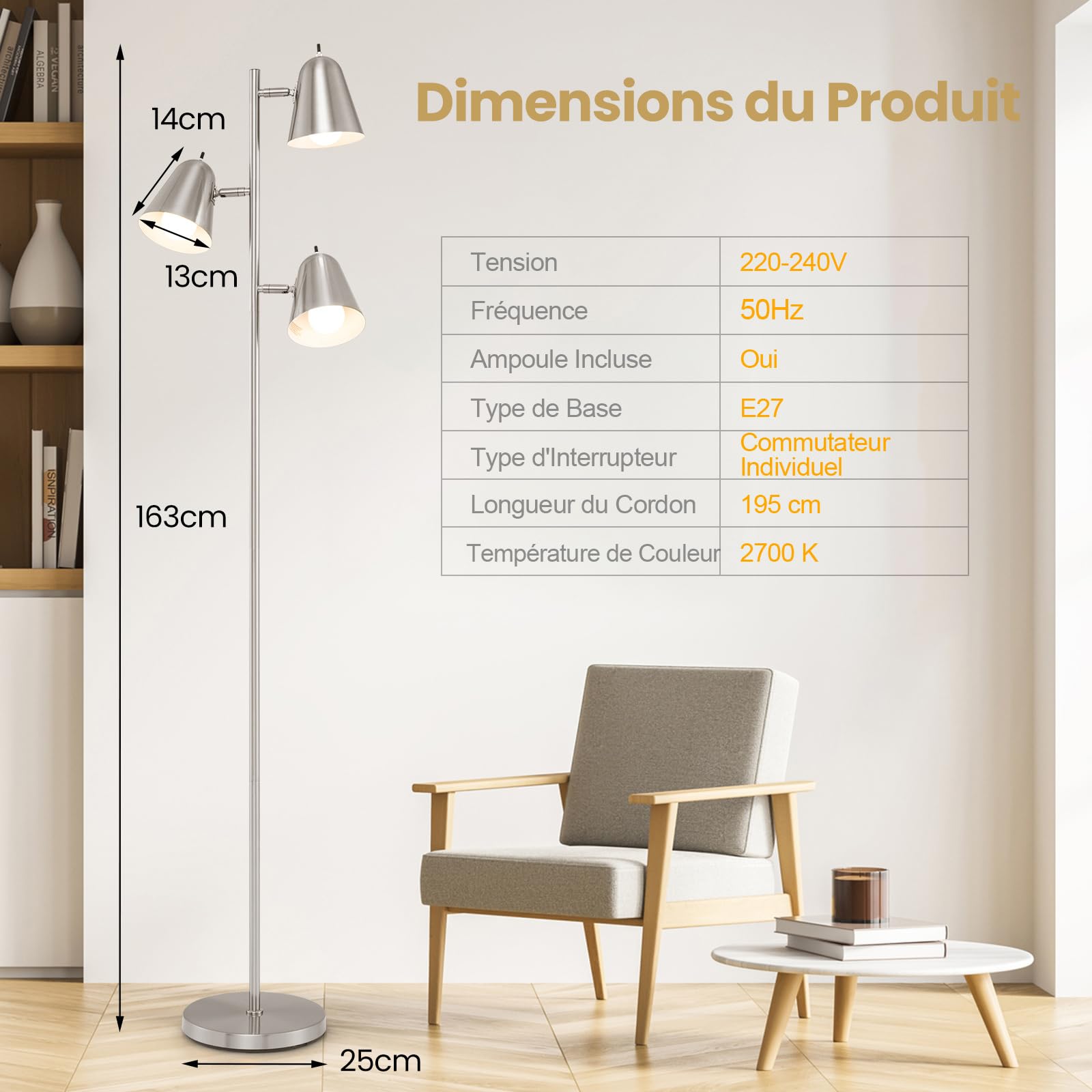 COSTWAY Lampadaire à 3 Ampoules, Lampe sur Pied avec Abat-jours Réglables, Interrupteur Individuel, Poteau en Métal, 3 Culots d'Ampoule E27, Lampadaire pour Salon Chambre Bureau (Argenté)