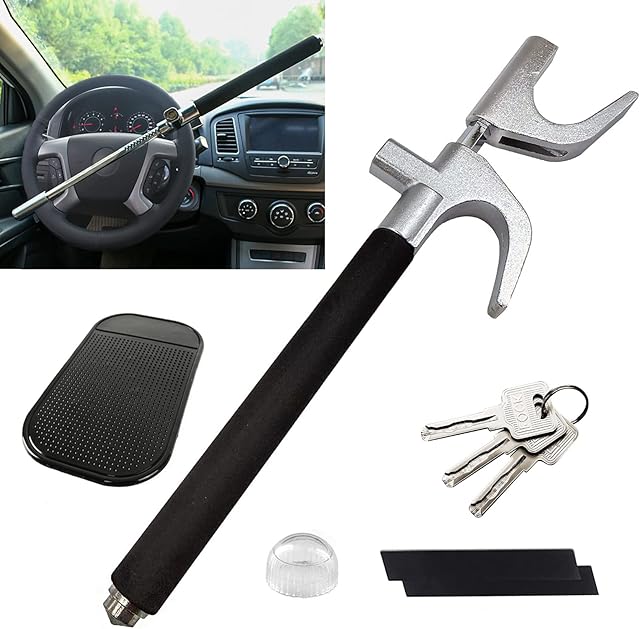 Steering Wheel Lock, Universal Car Lock, Retractable Lock for Cars Anti-Theft with 3 Laser Keys, Heavy Duty Car Steering Wheel Lock with Self Defense Window Breaker for Cars Truck SUV Van