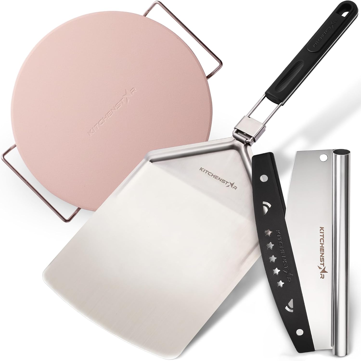 KitchenStar Stainless Steel Pizza Peel 12" with 10" Folding Handle + Pizza Cutter Rocker Blade 12" + Pizza Stone for Oven & BBQ Grill 12" with Handles - Pizza Making Bundle