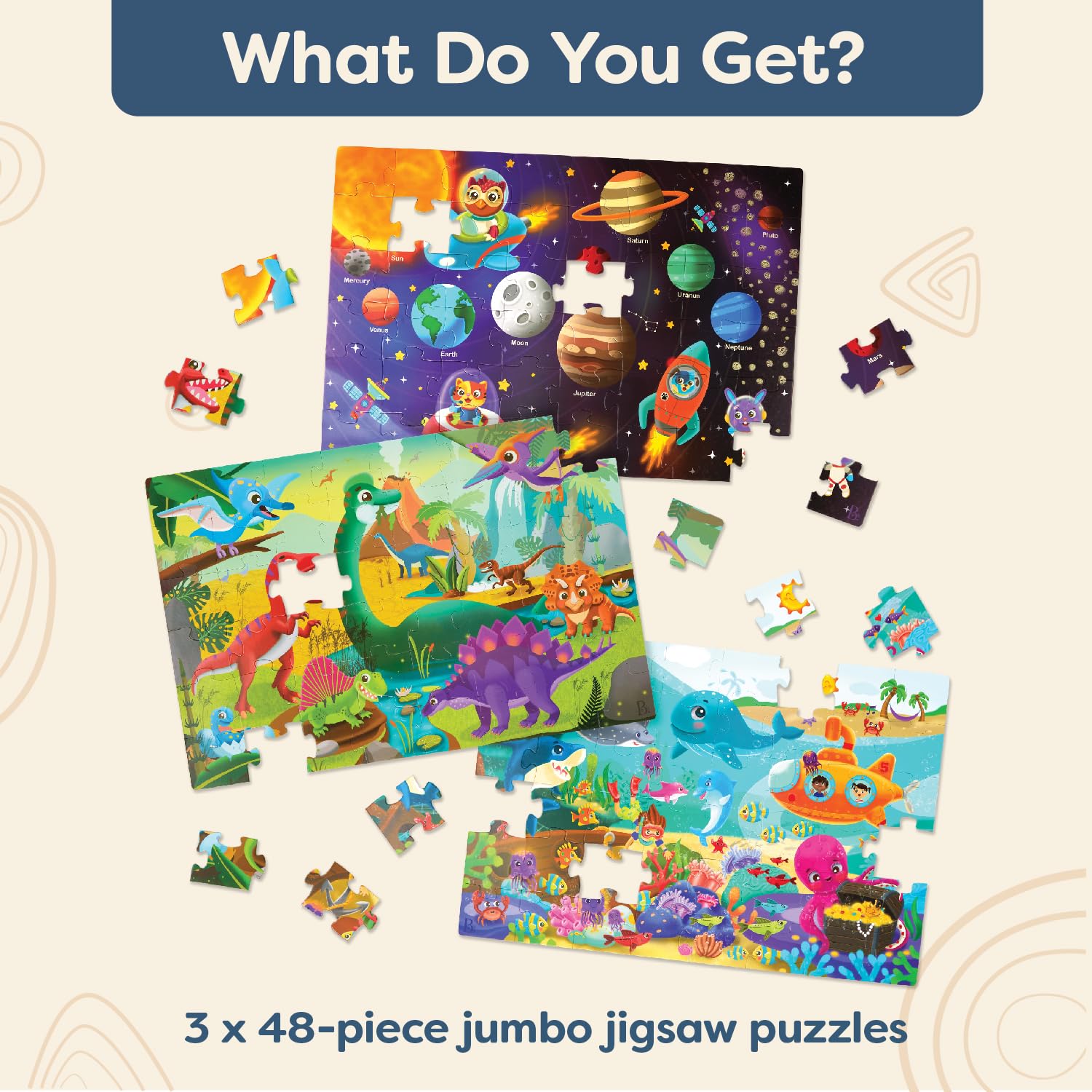 B. Toys - Gigantisches Puzzle 3er-Pack - Meer, Weltraum, Dinos - 48-Teile Bodenpuzzle (3er-Pack) - Ozean, Weltraum, Dinosaurier - Große 2 Fuß x 3 Fuß Puzzles für Kinder - 3 Jahre +