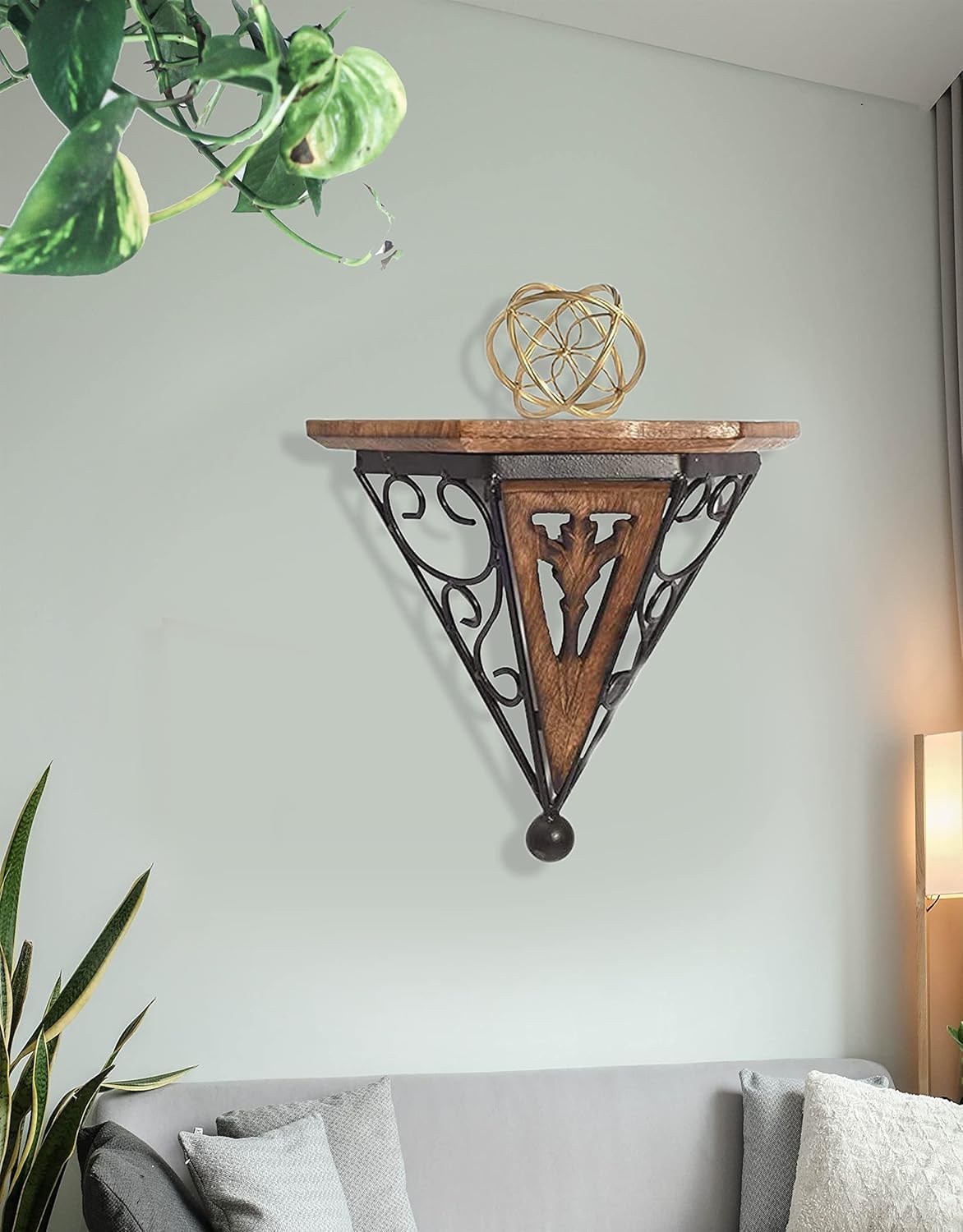 Wooden & Wrought Iron Wall Bracket Shelf, Brown and Black, Vintage Decorative, Wall Mount, Rectangular with Scrollwork, Multi-Purpose Storage-image-9