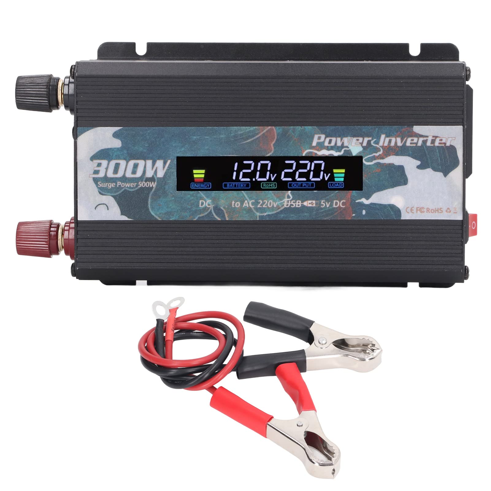 Omabeta Auto-Wechselrichter, Effizienter 300-W-Sinuswellen-Konverter für Laptops, Ventilatoren, Fernseher für den Urlaub, Aluminiumlegierung (DC12V)