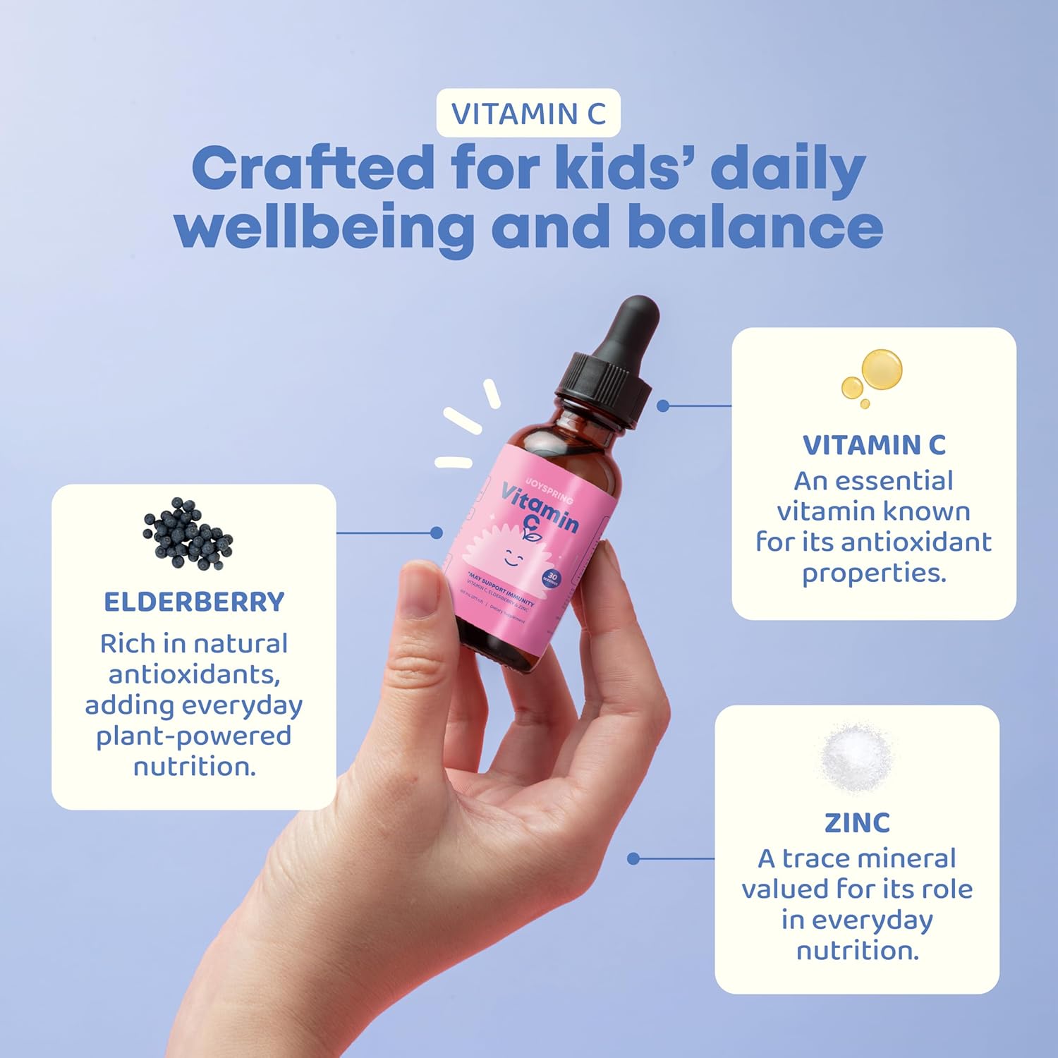 JoySpring Vitamin C and Zinc for Kids, Elderberry Liquid Supplement | Alcohol-Free Toddler Vitamin C | 3+ Years | (2 fl oz) 30 Servings - Image 5