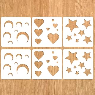6 Pack Moon Star and Heart Stencil Set, Small Reusable Plastic Art Craft Templates Fabric Drawing Stencils for Painting on Walls, Wood, Fabric, Paper, Canvas Home Decoration DIY Craft Projects