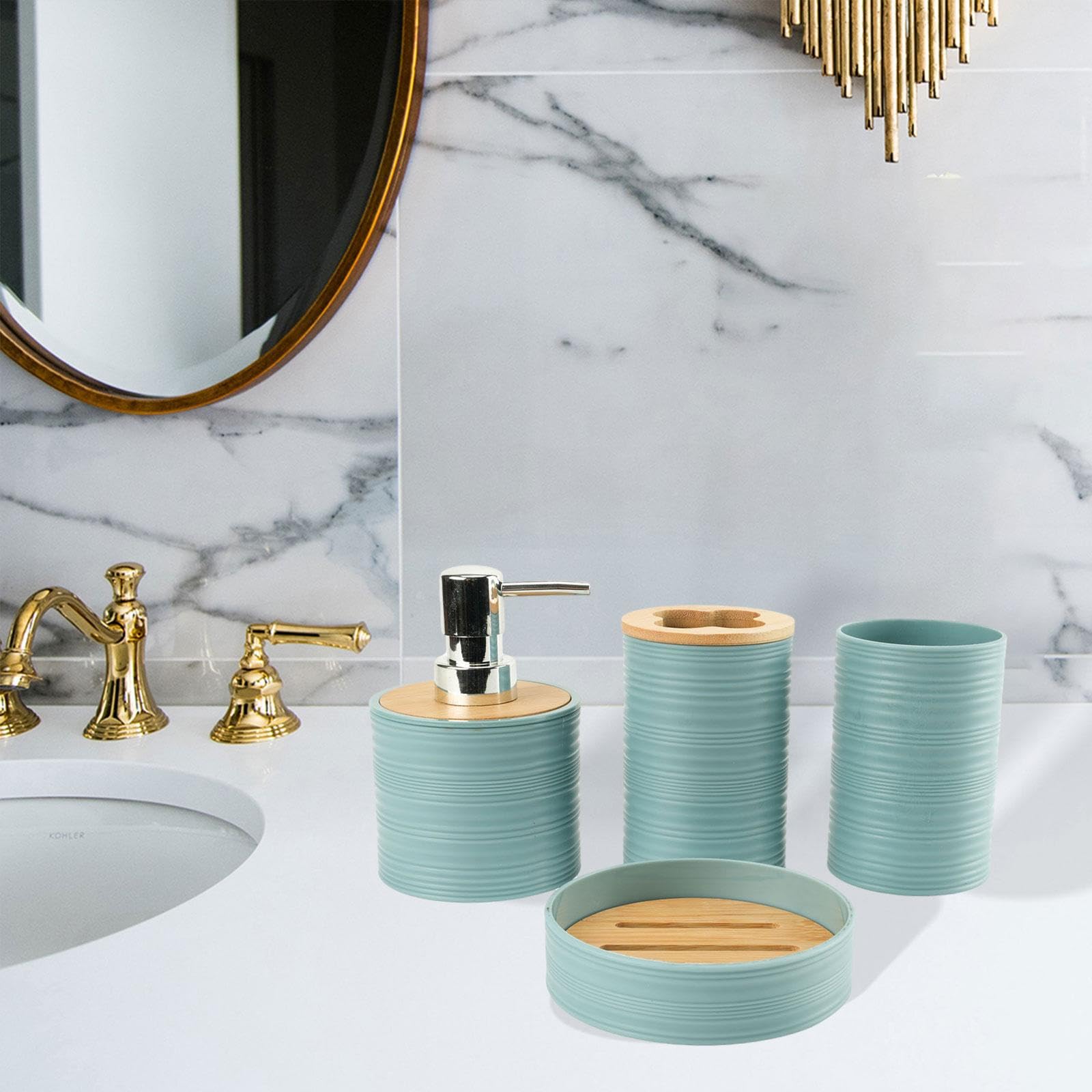 Set di 4 Accessori per Il Bagno, Set Completo di Accessori per Il Bagno, Decorazione per Il Bagno, Porta spazzolino Decorativo per mobiletto da, Blu