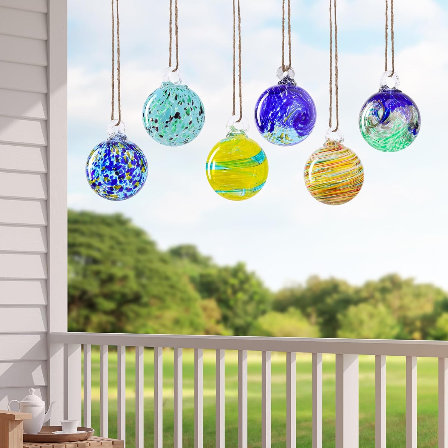 VCUTEKA Hanging Garden Gazing Ball, Hand-Blown Glass Witch Ball for Outdoor Garden Décor, 6pcs 3" Colorful Swirl