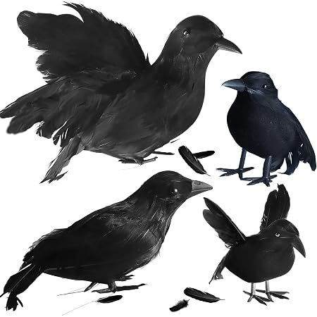 2-Pack Realistic Black Feather Crows – Halloween Decor, Artificial Crows With Bendable Feet For Party & Garden