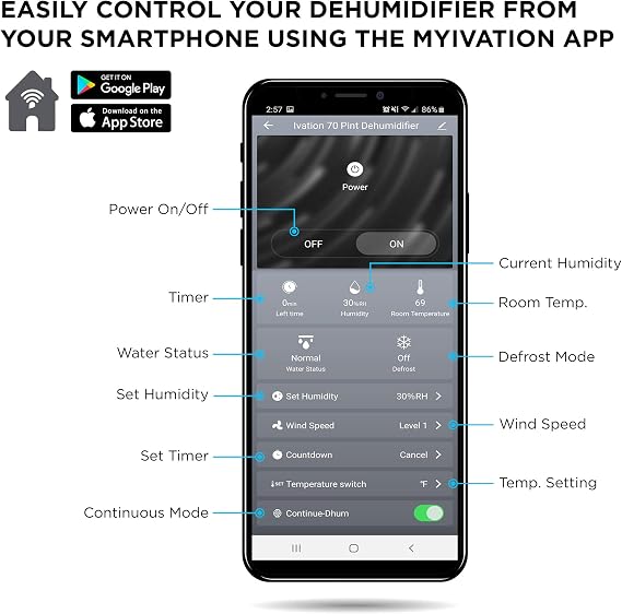 Ivation 50 Pint Smart Wi-Fi Dehumidifier, App Control, 4,500 Sq Ft, Hose