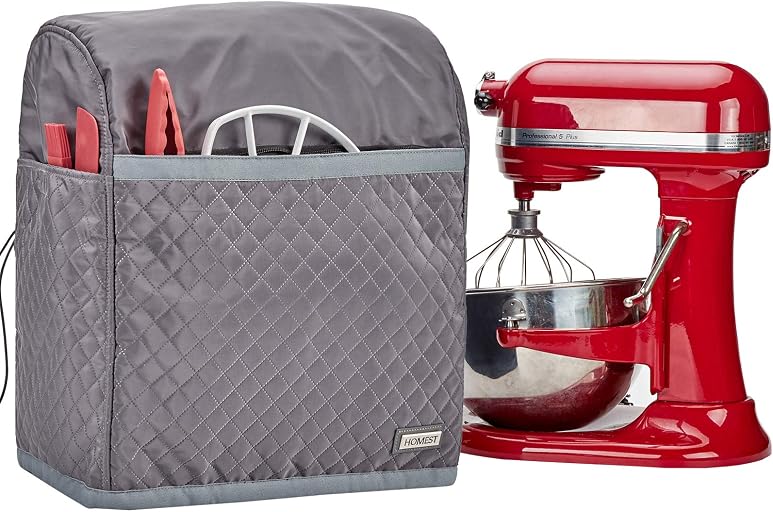 HOMEST Stand Mixer Quilted Dust Cover with Pockets Compatible with KitchenAid 6/7/8 Quart Bowl Lift, Grey (Patent Design) | Zipper Pocket for Various Kitchen Appliance Accessories,Grey