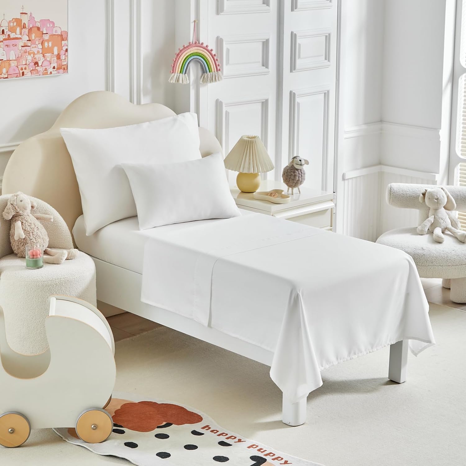 Kids Comforter Sheet Set - Soft and Breathable Bed Set Includes Quilted Comforter, Fitted Sheet, Flat Top Sheet, Pillowcase and Toddler Pillowcase for Toddler - 5 Pieces Toddler Bedding Set White