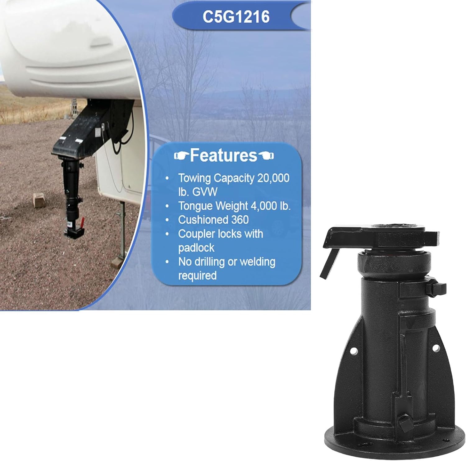 5th Wheel to Gooseneck Adapter, 12" to 16" Adjustable Height Fifth Wheel Gooseneck Cushioned Trailer Hitch Adapter, C5G1216, 20000 Lbs, for RV Trailer