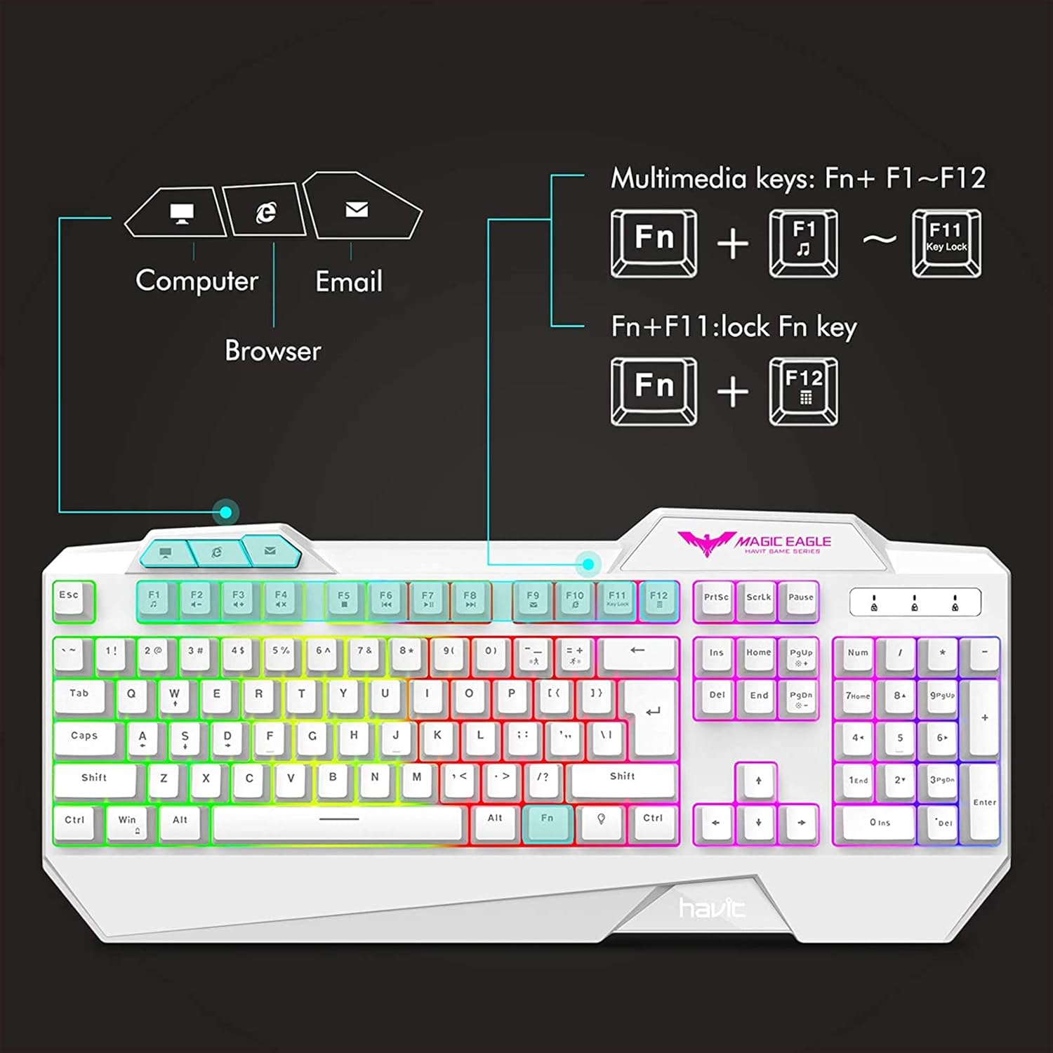 Blасk Frіdау Clеаrаnсе havit Keyboard Rainbow Backlit Wired Gaming Keyboard Mouse Combo, LED 104 Keys USB Ergonomic Wrist Rest Keyboard, 4800 DPI Mouse for PC Gamer (White)