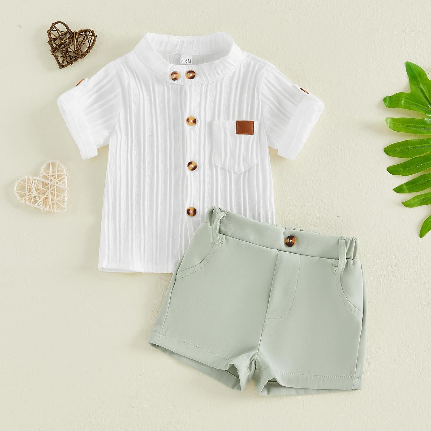Infant Baby Boy Summer Outfit Button Down Solid Color Short Sleeve Shirt and Shorts Set Casual Toddler Clothes