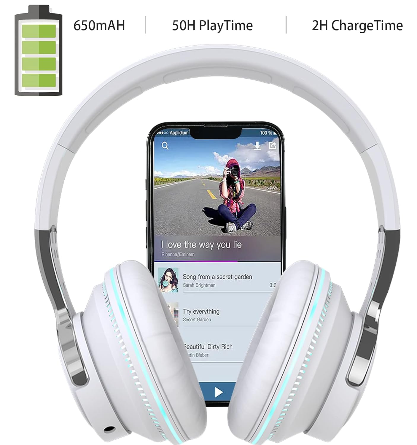 Hilifix H2 headphones with a phone displaying music, indicating 650mAh battery, 50 hours playtime, and 2 hours charge time
