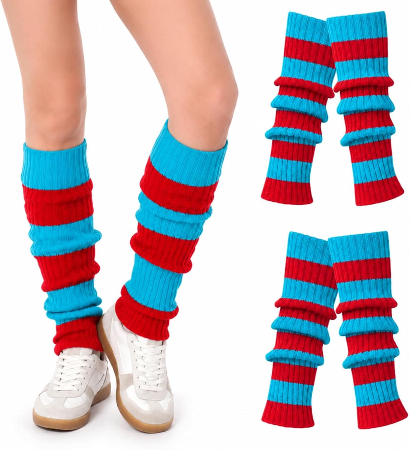 2 Pairs Red Blue Striped Leg Warmers Costumes for Halloween