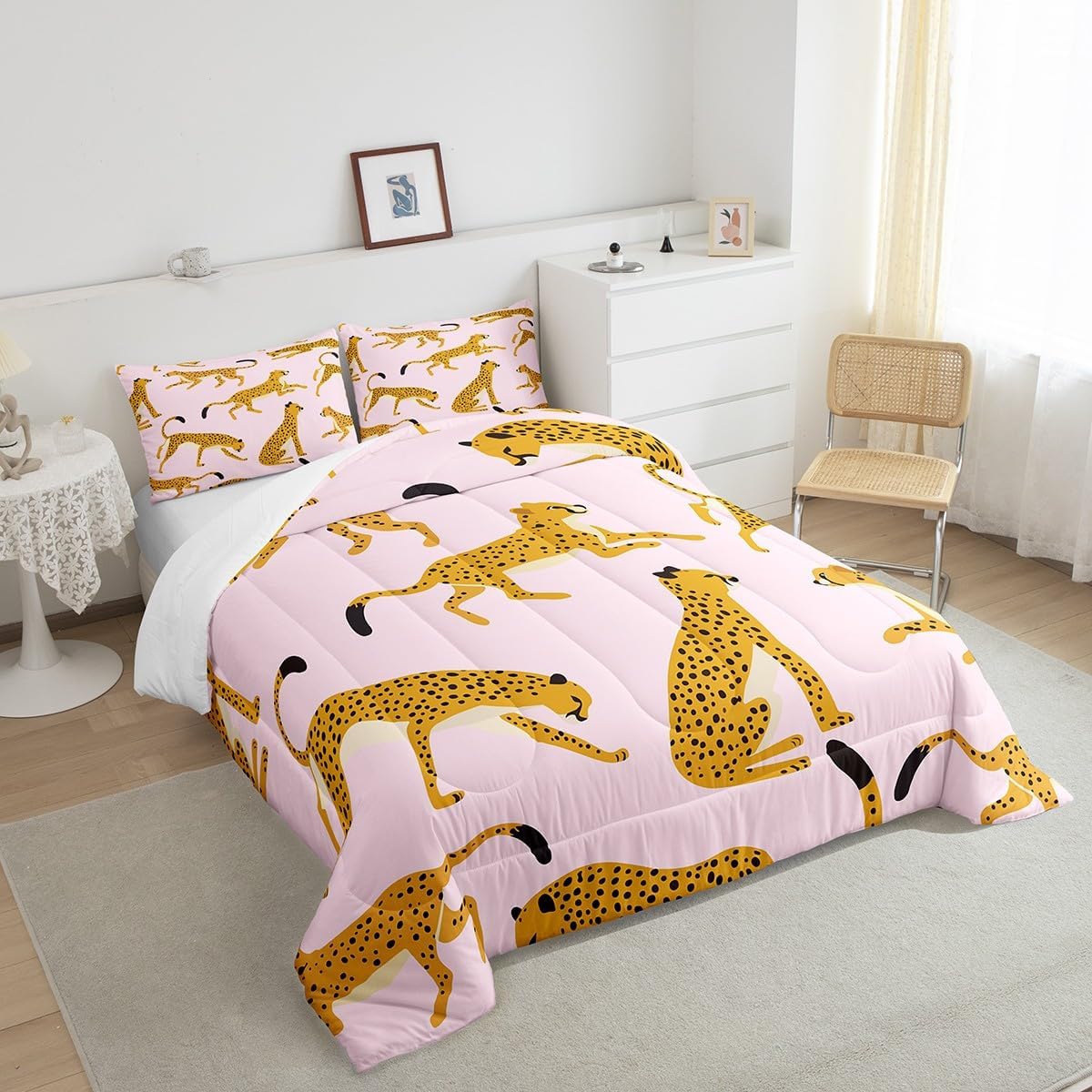 Feelyou Leopard Comforter Full Size Wildlife Animal Tiger Comforter Set for Kids Boys Girls Big Cat Bedding Set Boho Pink Bed Set