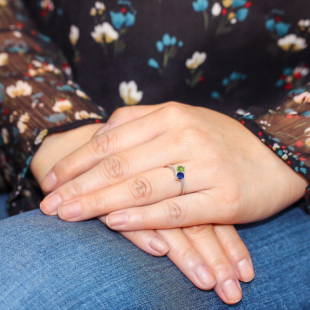 Gem Stone King 10K White Gold Forever United 2 Stone Green Peridot and Blue Created Sapphire and Diamond Engagement Ring For Women (0.72 Cttw, Round)